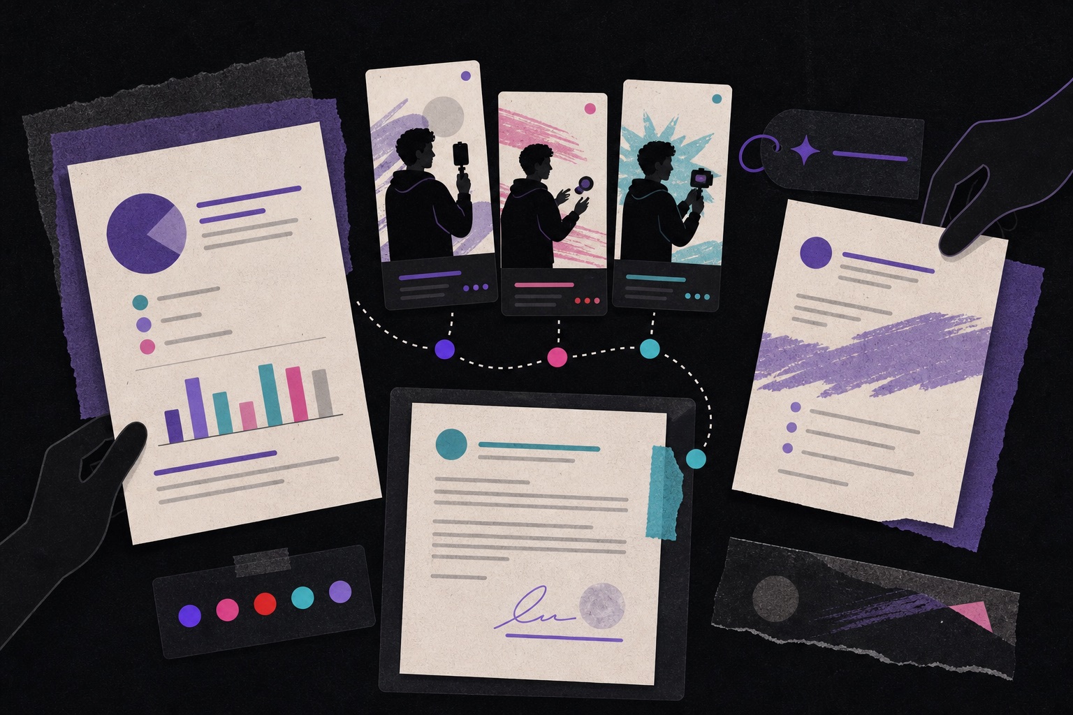 Editorial illustration of videos becoming a results report and a proposal for brands